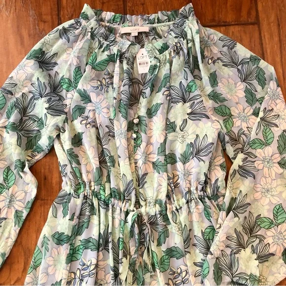 NWT LOFT Blue and Black Green Floral Maxi Dress Layered Ruffles Puff Sleeves - Picture 6 of 15